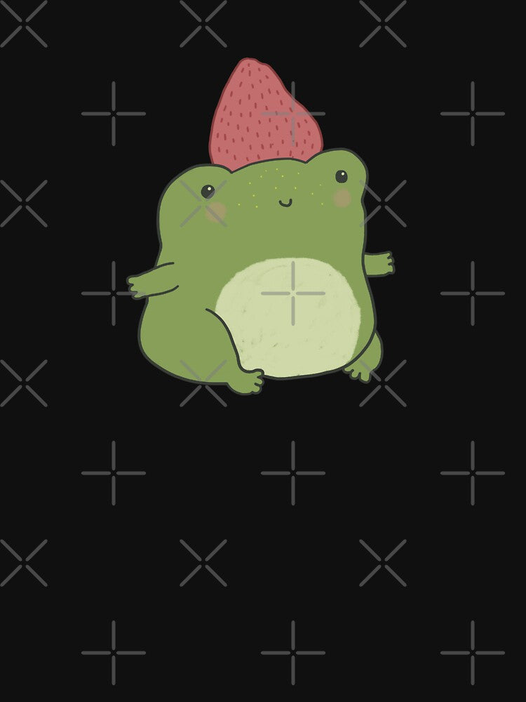 Cute Frog in Pink Strawberry Hat: Kawaii Cottagecore Aesthetic, Chubby Froge Art by MinistryOfFrogs