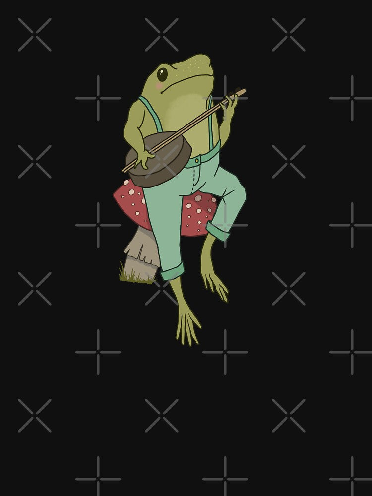 Cottagecore Emo Froggy Banjo Player: Goblincore Toad in Farmer Costume on Mushroom Toadstool by MinistryOfFrogs