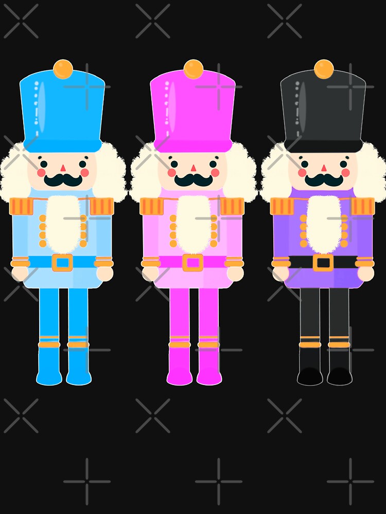 Colorful Nutcracker Trio - Christmas Nutcrackers - Blue, Pink, and Purple - Graphic Art Illustration - Black Background by Star-Fragment