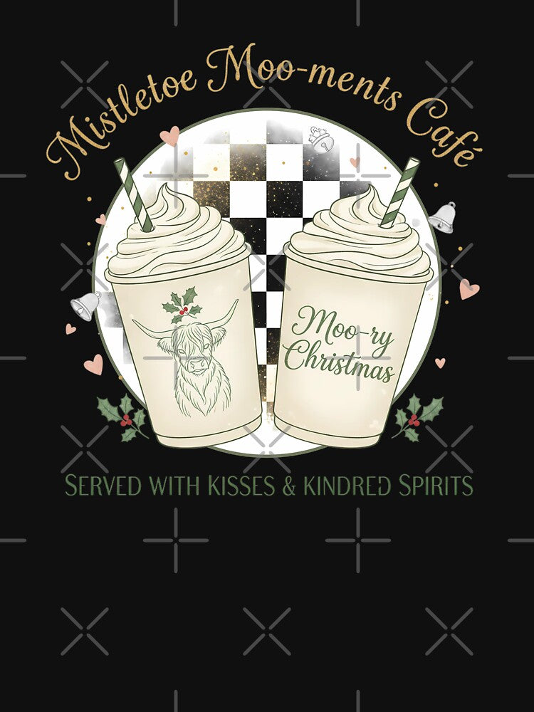 Mistletoe Moo-ments Café T-Shirt - Cute Highland Cow Christmas Coffee Lover Tee by justyna-s28