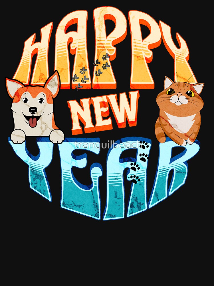 Happy New Year in retro groovy style with a dog and cat to ring in the New Year with fur baby friends by tranquilbeach