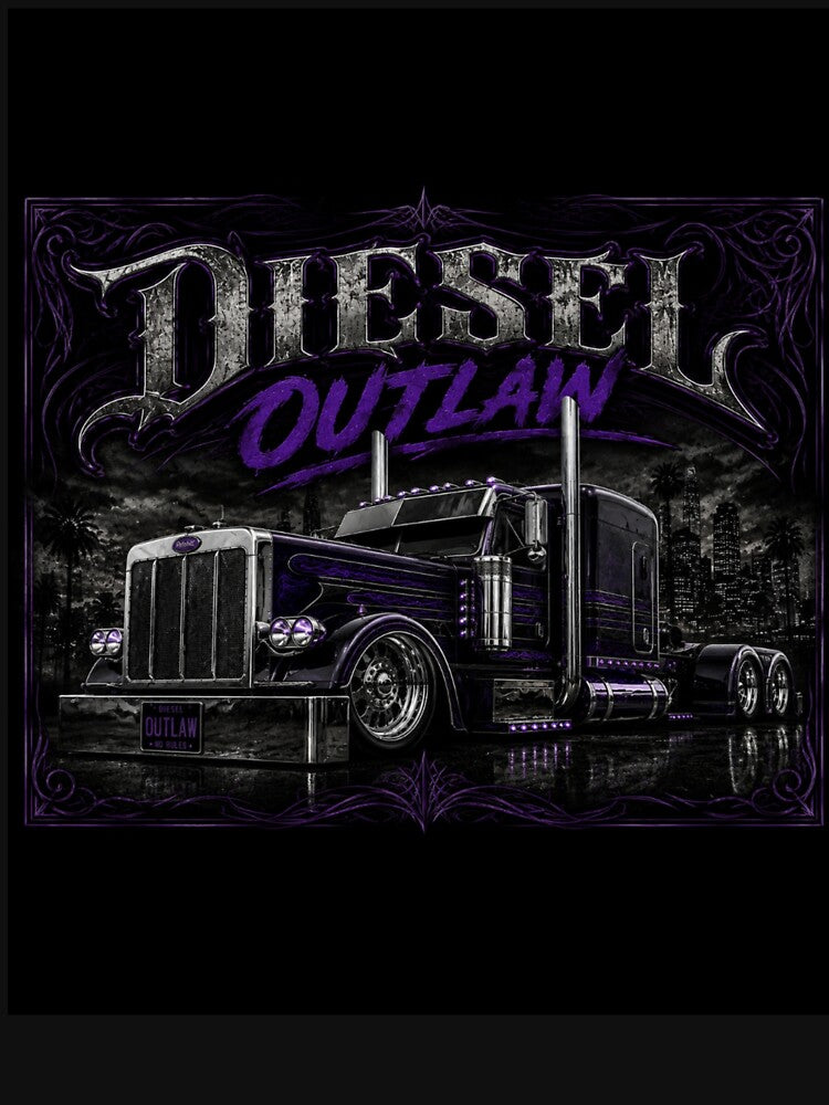 Diesel Outlaw Purple Chrome Semi Truck | Custom Big Rig Trucker T-Shirt | Black & Violet Rig Design by Diesel outlaw