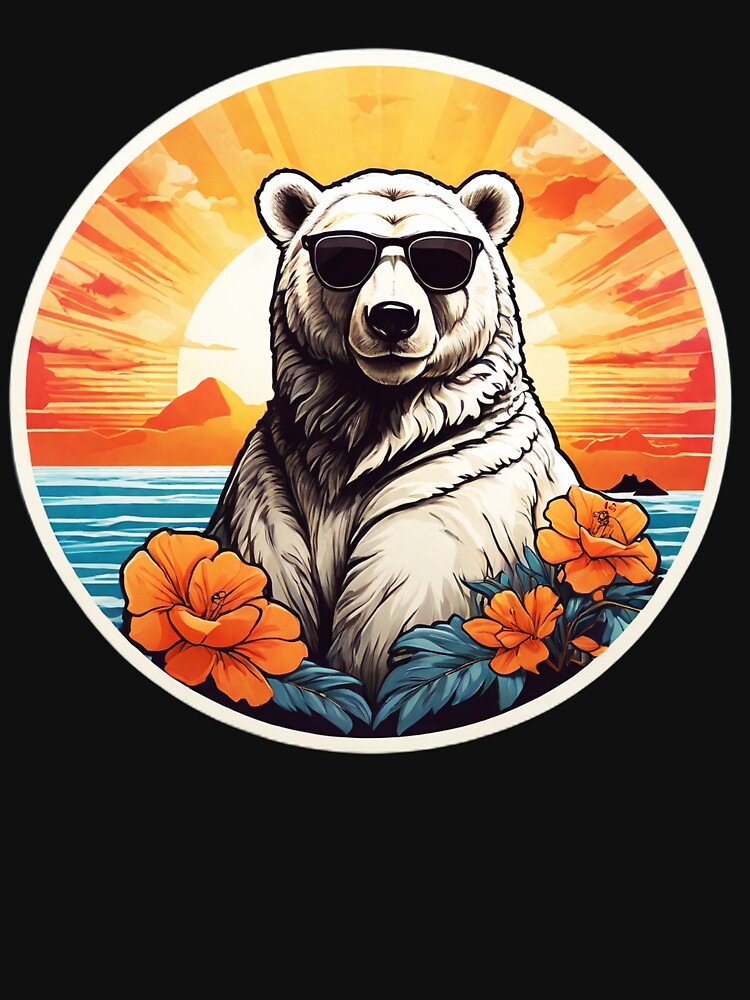 Polar Bear with Sunglasses at Sunset on a Hawaiian Beach with Orchids by NautiChic