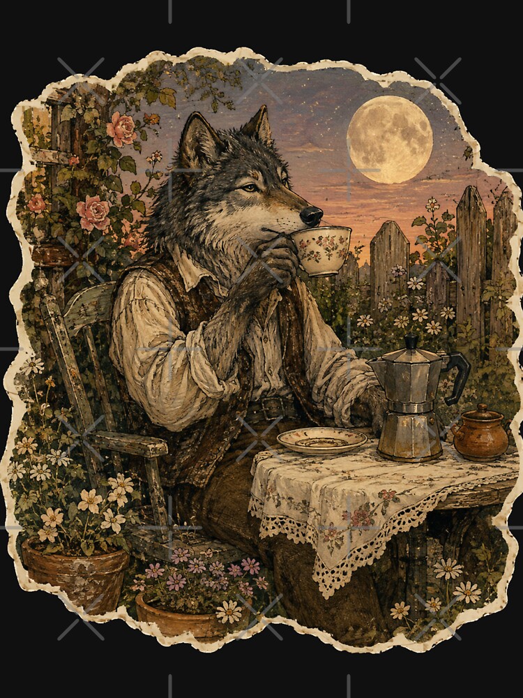 Moonlit Coffee Wolf - Vintage Cottagecore Wolf Drinking Coffee in Flower Garden Art by Neurospicy Trolls