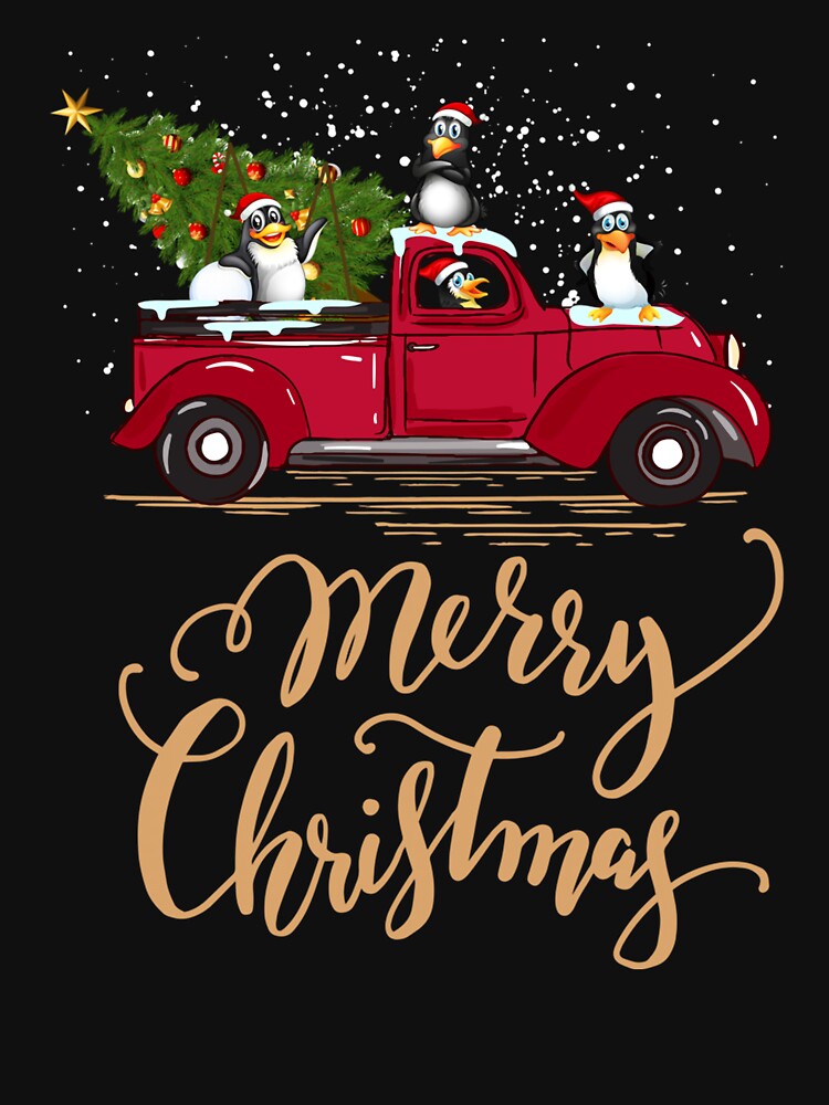 Penguin Driving Christmas Tree Red Truck Penguin Christmas by tedroyegelsd