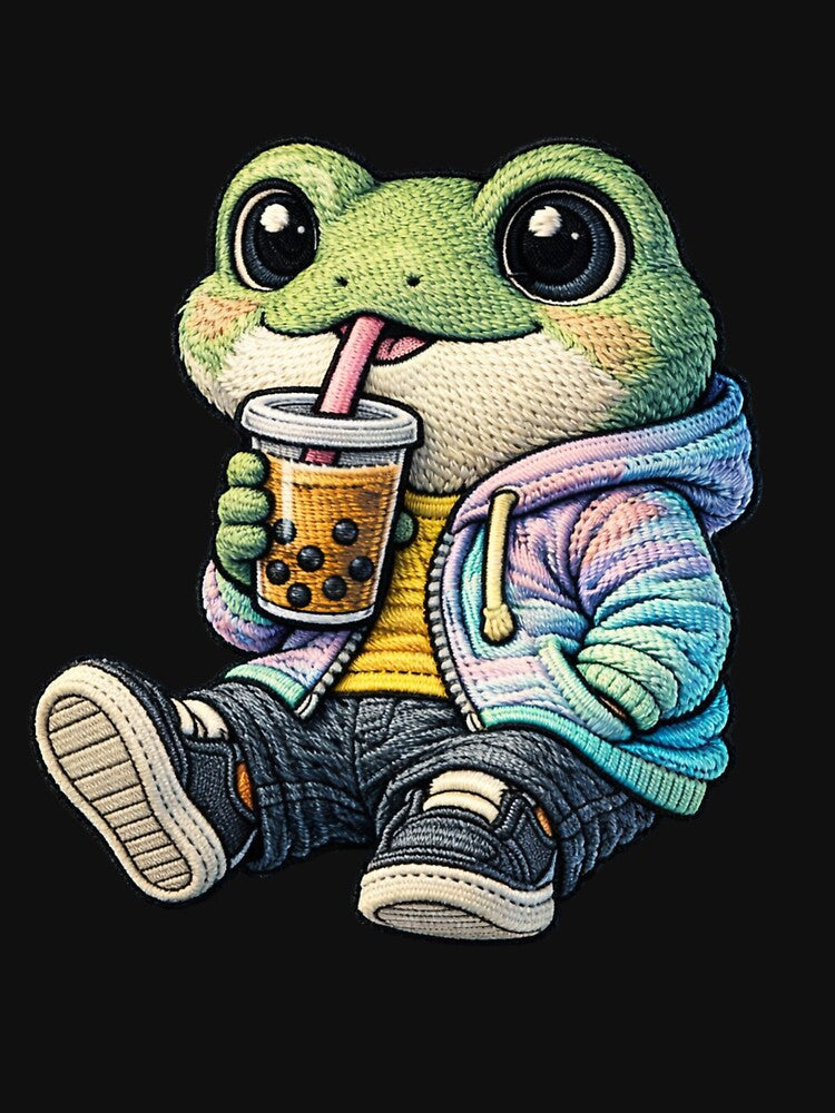 Cute Chill Frog With Bubble Tea – Kawaii Frog Boba Tea Streetwear Embroidered Patch Style by ColorSplash123