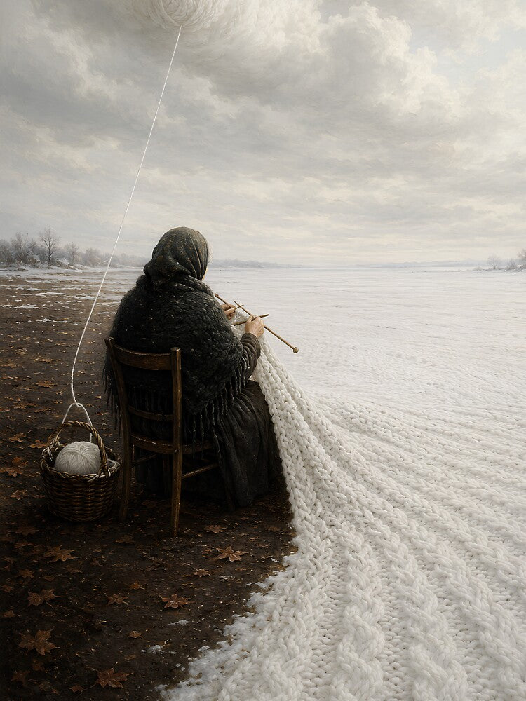 Snow Knitter Grandmother Knitting Winter Surreal Art by ALShammari965