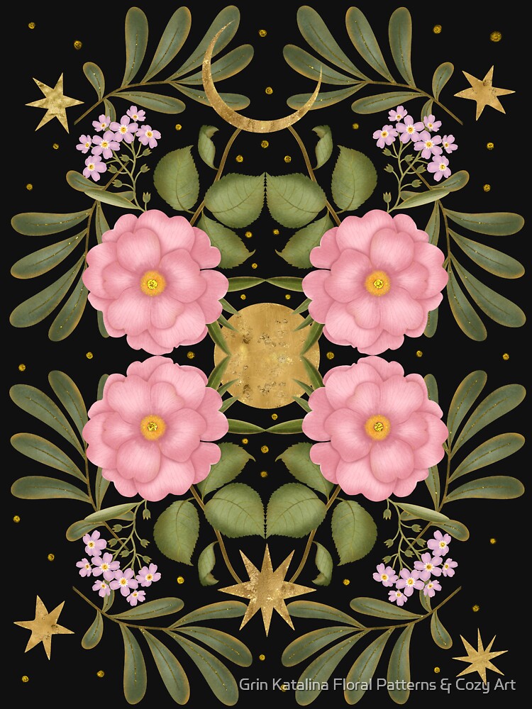 Ethereal Wings: Pink Moth & Narcissus by Grin Katalina Floral Patterns & Cozy Art