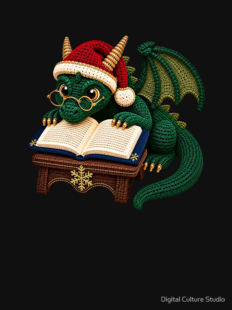 Christmas Book Dragon – Crochet Fantasy Reader with Santa Hat by Digital Culture Studio