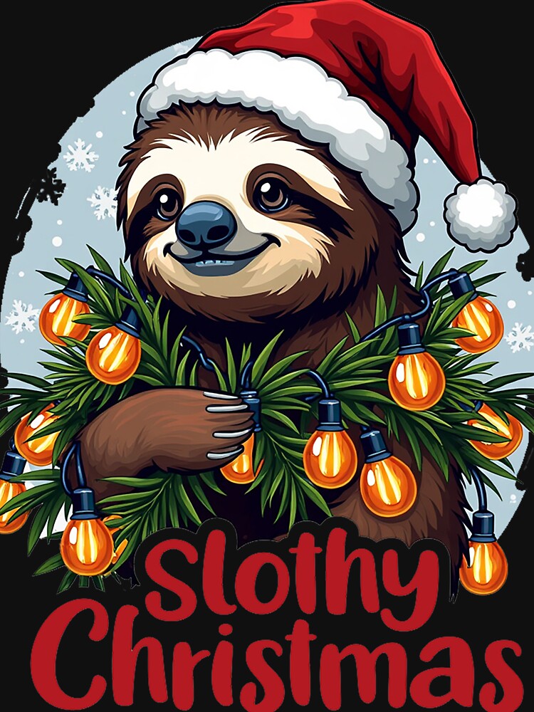 Slothy Christmas, Cute Sloth in Santa Hat with Christmas Lights by vamskul