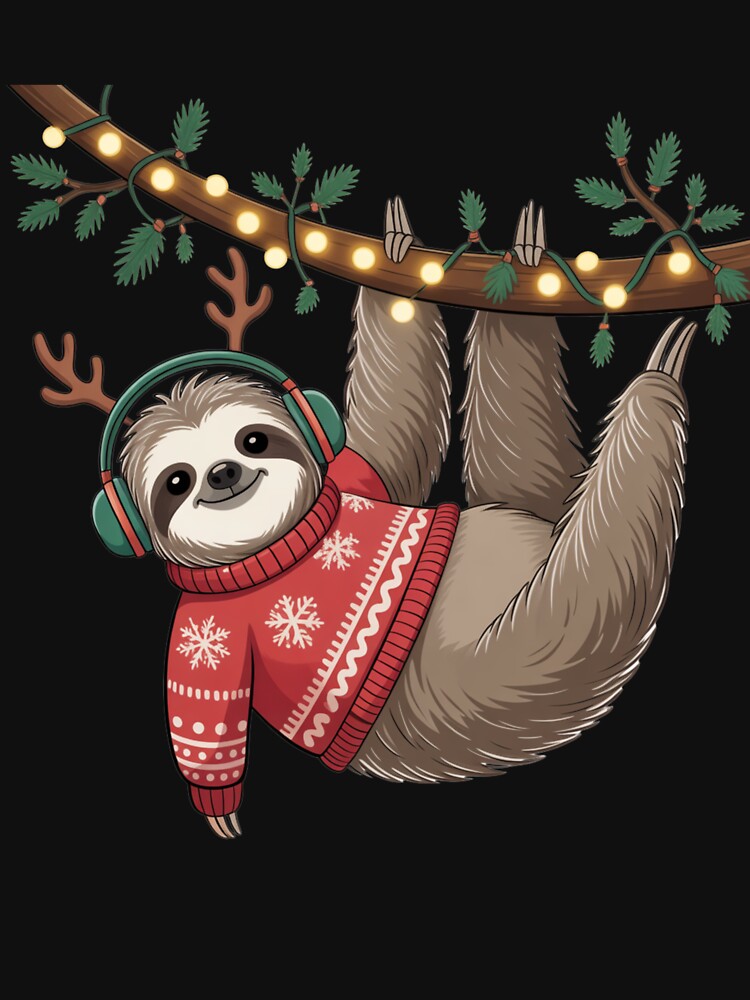 Sloth with Headphones Cute Kawaii Christmas Relaxed Holiday Art by ColorSplash123