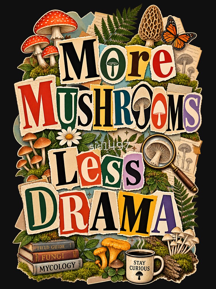 More Mushrooms Less Drama – Vintage Mycology Mushroom ephemera Collage by SidTastic