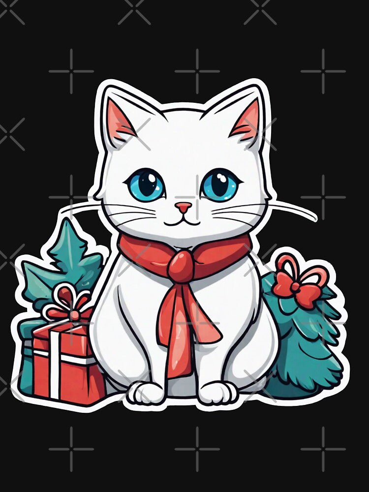 Cute white Christmas cat with blue eyes. Cat Christmas gift.2 by By-Jeff