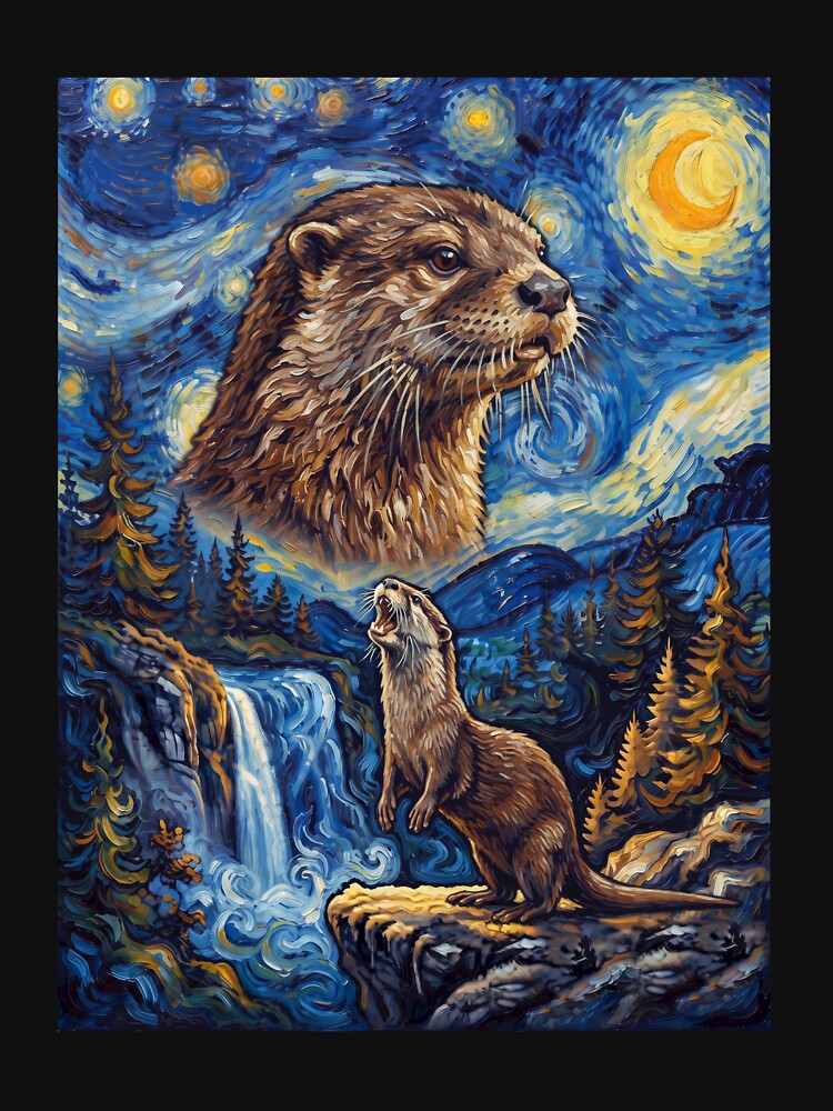 Otter Howling Moon Starry Night Van Gogh Art Animal Lover by dian-rody-crest