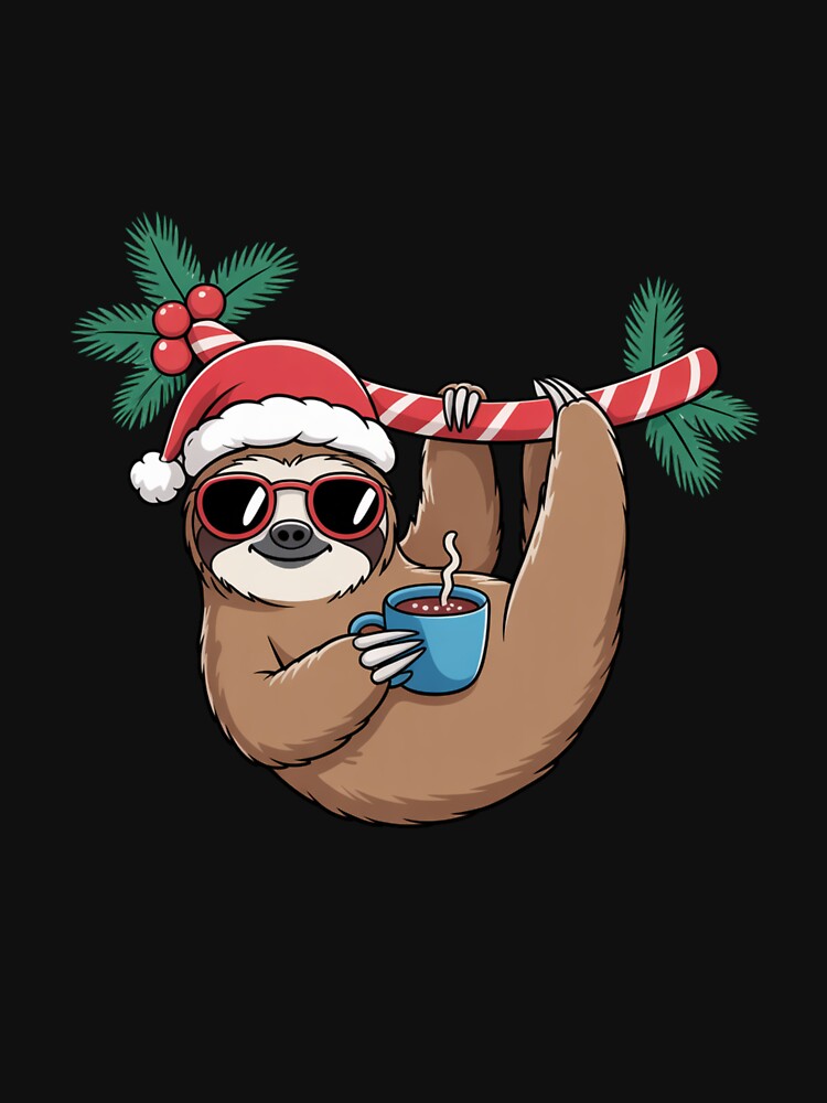 Sleepy Sloth Santa – Cute Kawaii Sloth Hanging on Candy Cane | Chill Christmas Cartoon Vector by ColorSplash123
