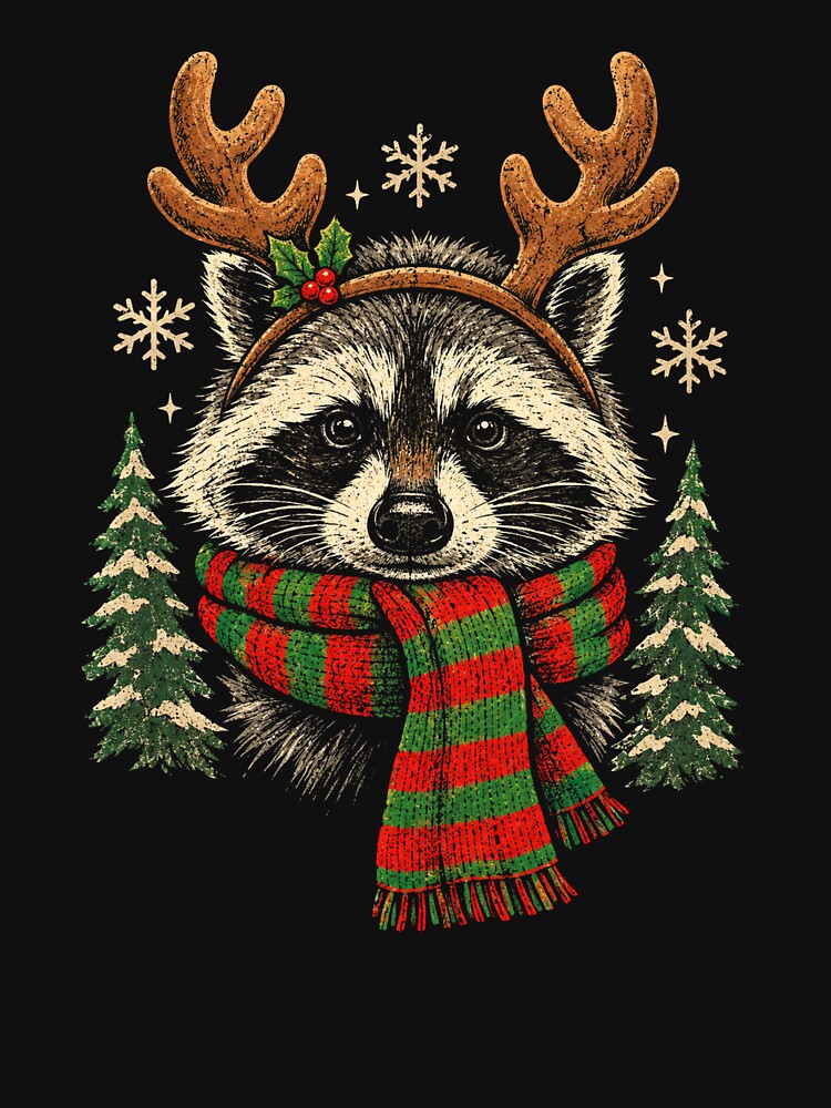Retro Raccoon Reindeer Antlers Christmas Scarf Holiday Vintage by Moizento