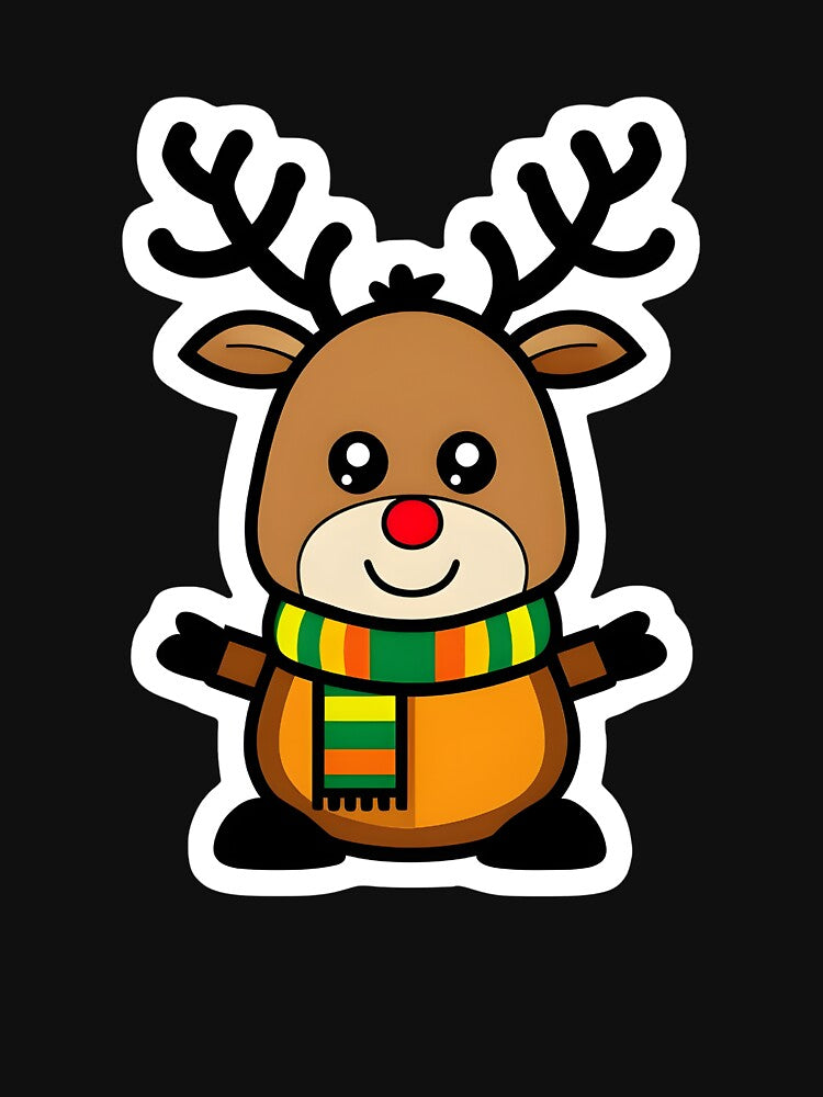 Cheerful Cartoon Reindeer with Red Nose and Striped Scarf | Cute Holiday Sticker by FestivityFinds