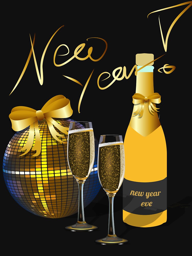 New Year Eve Party Illustration with Wine Bottle, Glasses & Disco Ball by PixelWaveBD
