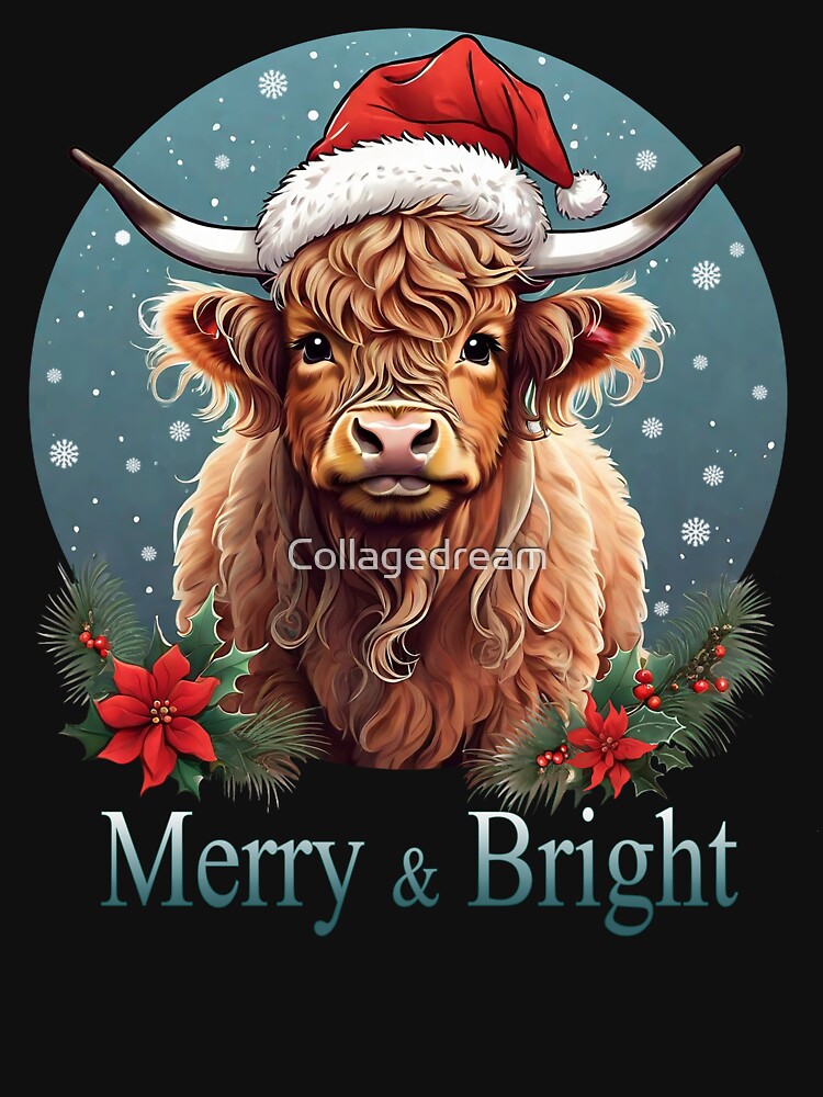 Highland Cow Christmas Merry and Bright, Scottish, Cow Xmas Farmer, Christmas sweater with cute Highland Cow by Collagedream