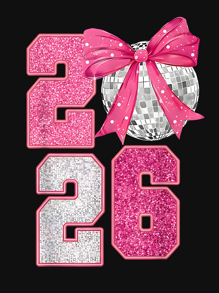 Happy New Year 2026 Disco Ball Pink Coquette Bow Family by Juansustait