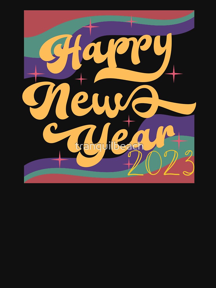 Happy New Year 2023 in purple, aqua, yellow wave in retro groovy style for the 60s adn 70s fans out there by tranquilbeach
