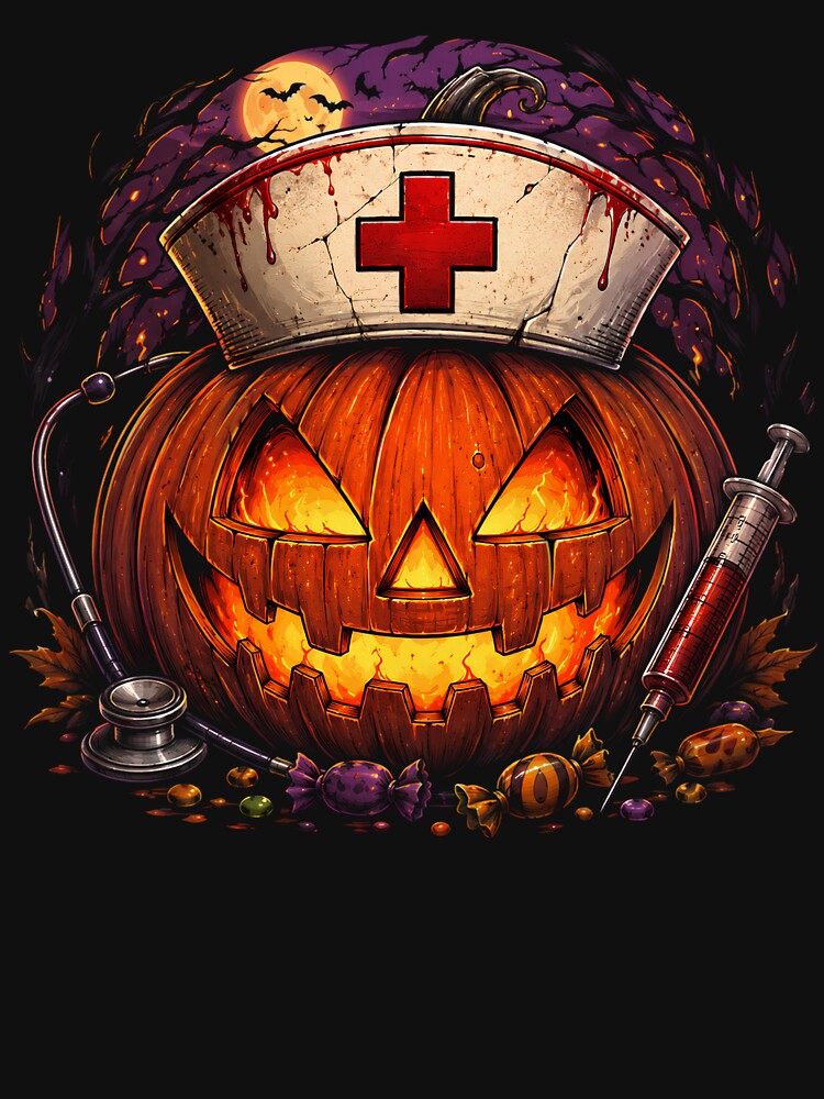 Spooky Halloween Pumpkin Nurse Shirt Creepy Nurse Hat Jack O Lantern by Artbyrome