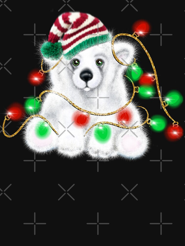Cute Christmas Baby Polar Bear with twinkle lights and stocking hat by hollycooper