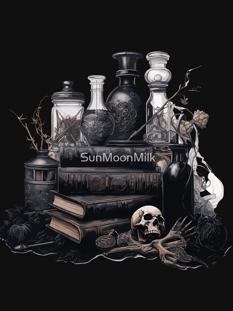 Dark academia skull and books and potions by SunMoonMilk