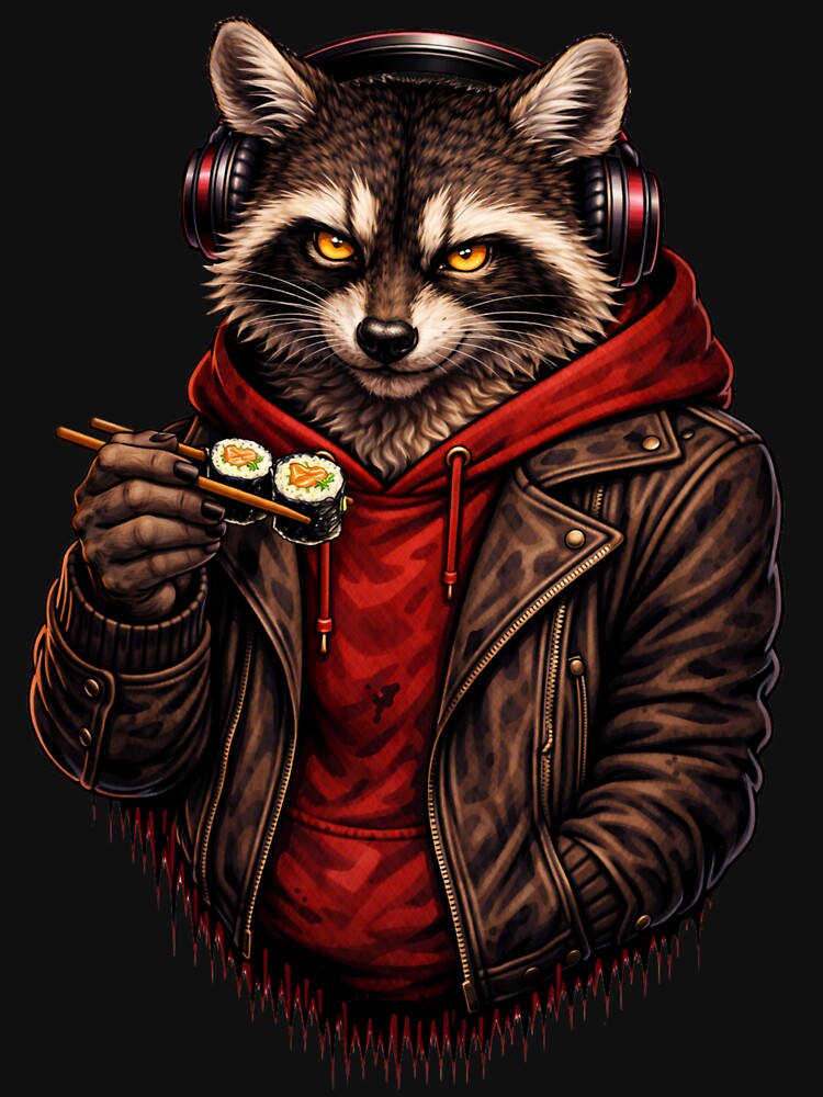 Mischievous Raccoon Eating Sushi – Cool Streetwear Animal Art by ColorSplash123