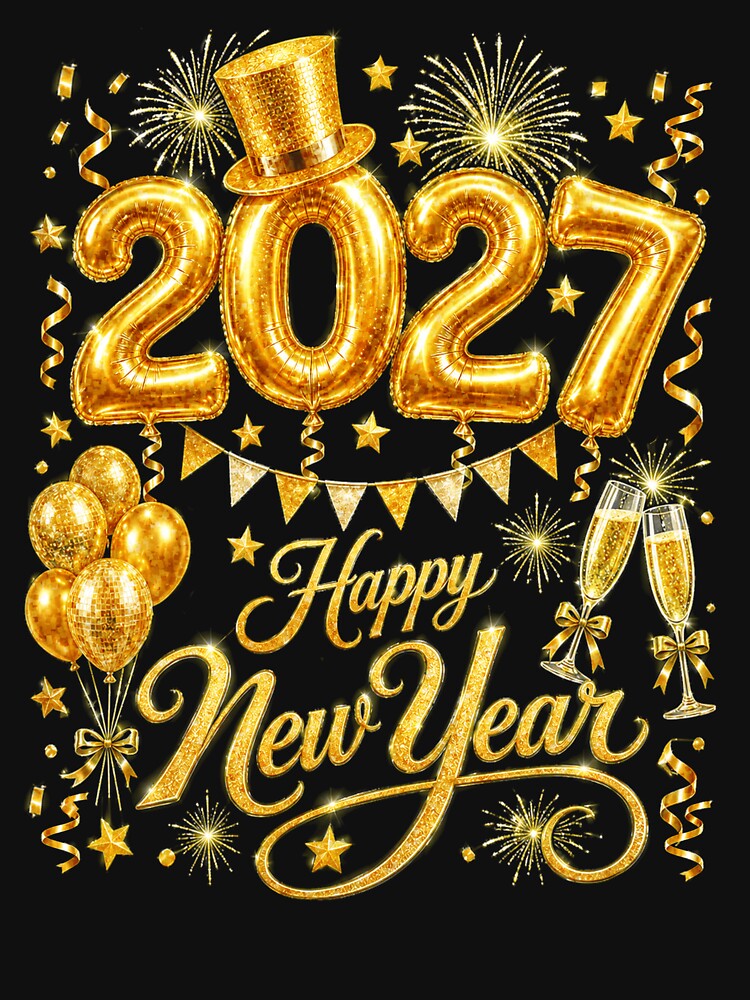 Happy New Year 2027 Festive Gold Balloon Champagne Party by Ortigzitoun