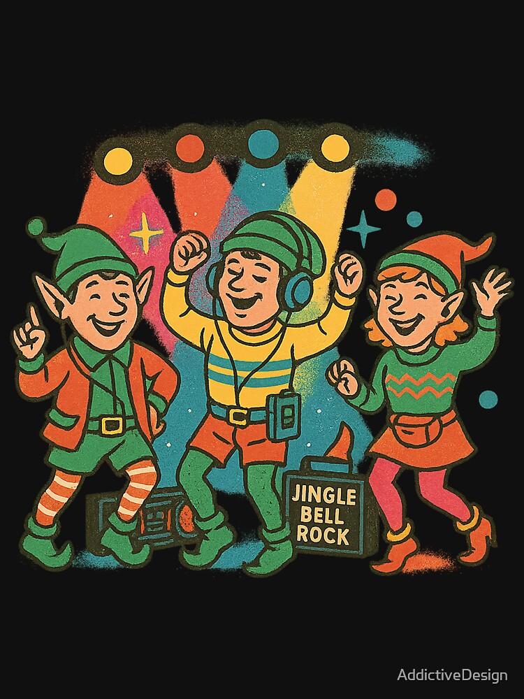 Dancing Christmas Elves – Retro Jingle Bell Rock Party Scene with Headphones, Boombox & Festive Lights by AddictiveDesign