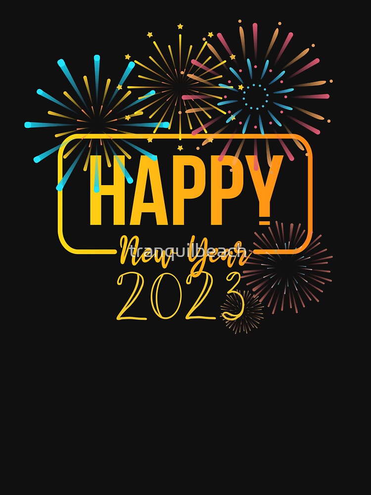 Happy New Year 2023 in purple, aqua, yellow fireworks in retro groovy style for the party fans out there by tranquilbeach
