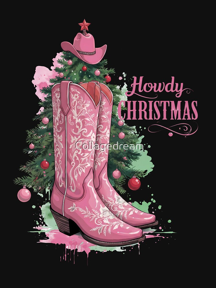Howdy Christmas to everyone with Pink cowgirl boots, western style, country,horseback, riding, horse owner, farmer, western by Collagedream