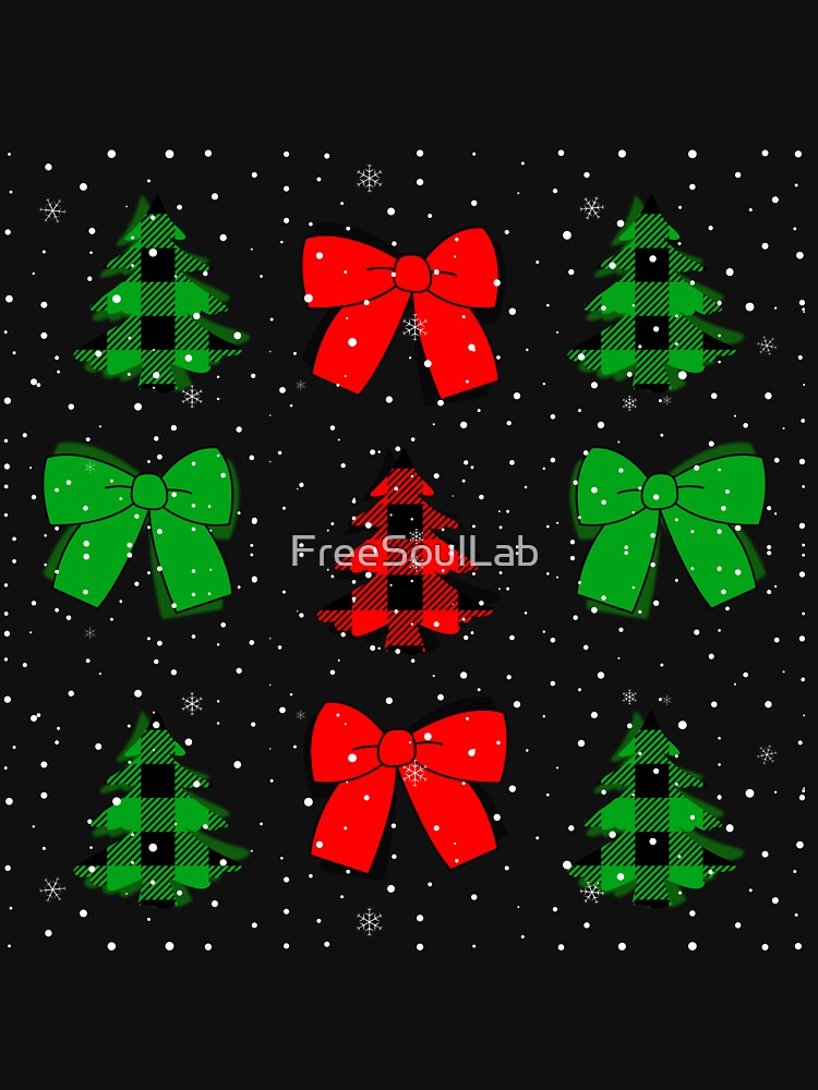 Chic Christmas Pattern. Plaid Trees and Red and Green Christmas Bows in Coquette Style by FreeSoulLab