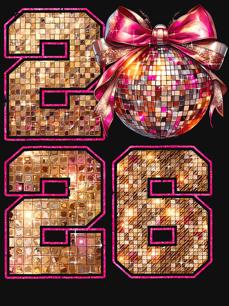 Happy New Year 2026 Disco Ball Pink Coquette Bow Family by TaraLiliana