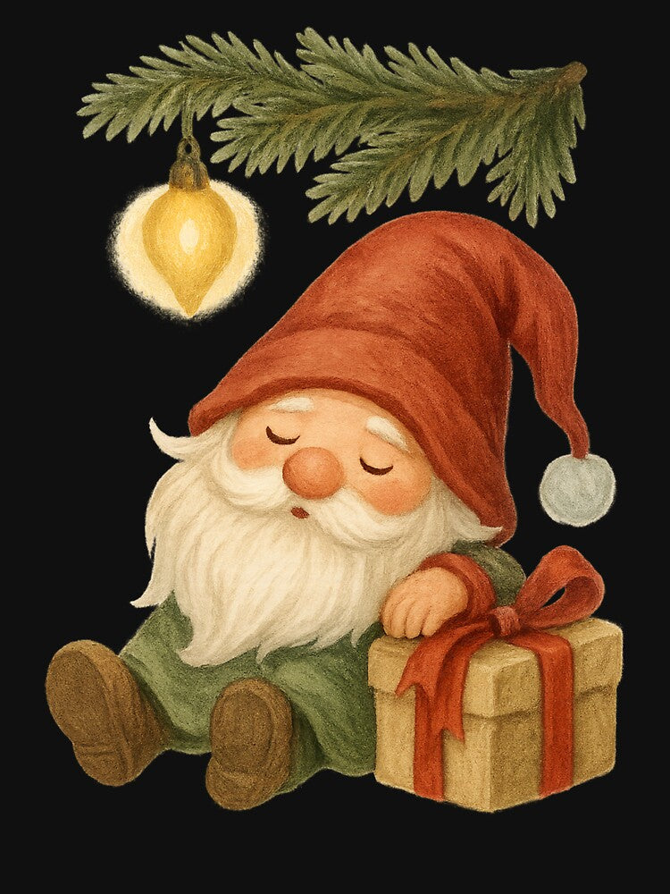 Sleeping Christmas Gnome with Gift – Cute Holiday Pine Art by PunchDrop