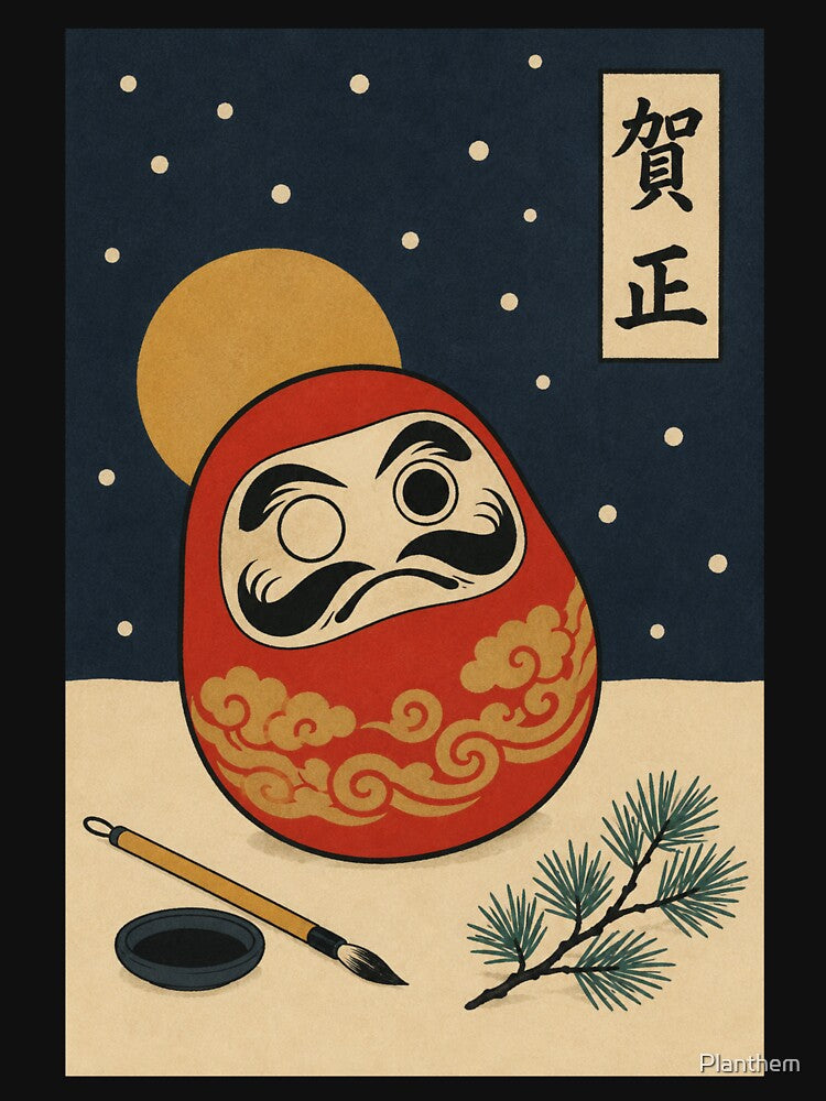 Daruma Doll and Winter Moon — Nengajo No. 1 | Ukiyo-e Woodblock by Planthem