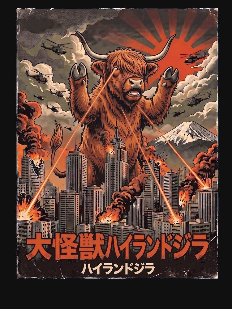 Highland Cowzilla Japanese Fuji Art Animal Highland Cow Lover by DoodleTortle