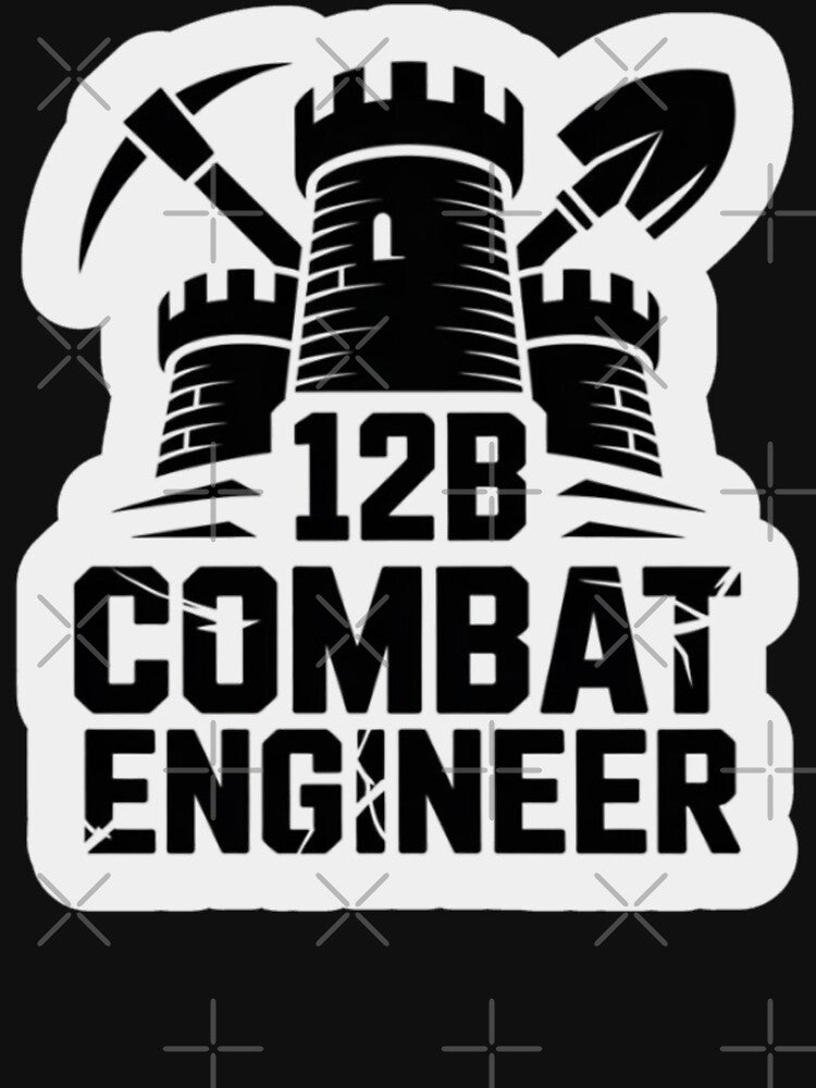 12B Combat Engineer — Classic Castle Tower Emblem with Shovel and Pickaxe U.S. Army MOS Graphic White Outline by GFamilyC