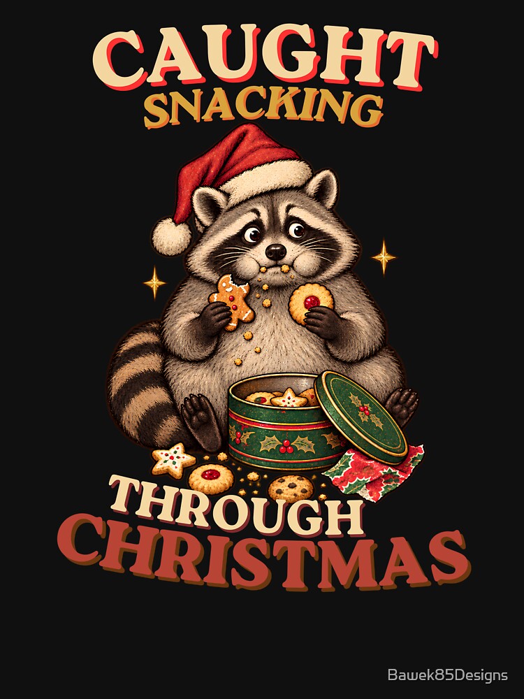 Caught Snacking Through Christmas – Funny Raccoon by Bawek85Designs