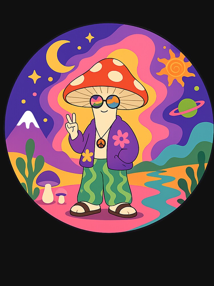 Psychedelic Mushroom Character – Trippy Hippie Shroom with Retro Cosmic Vibes by MonkeyVibe