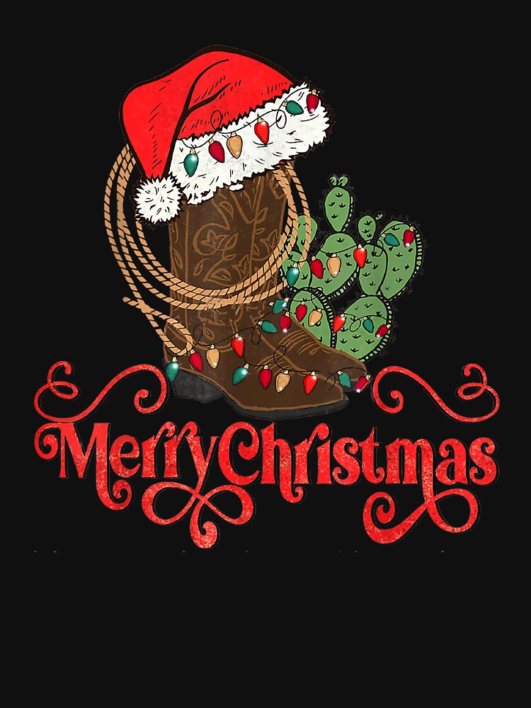 Retro Merry Xmas Santa Hat Cowboy Boots Western Christmas T-Shirt by samarahsan