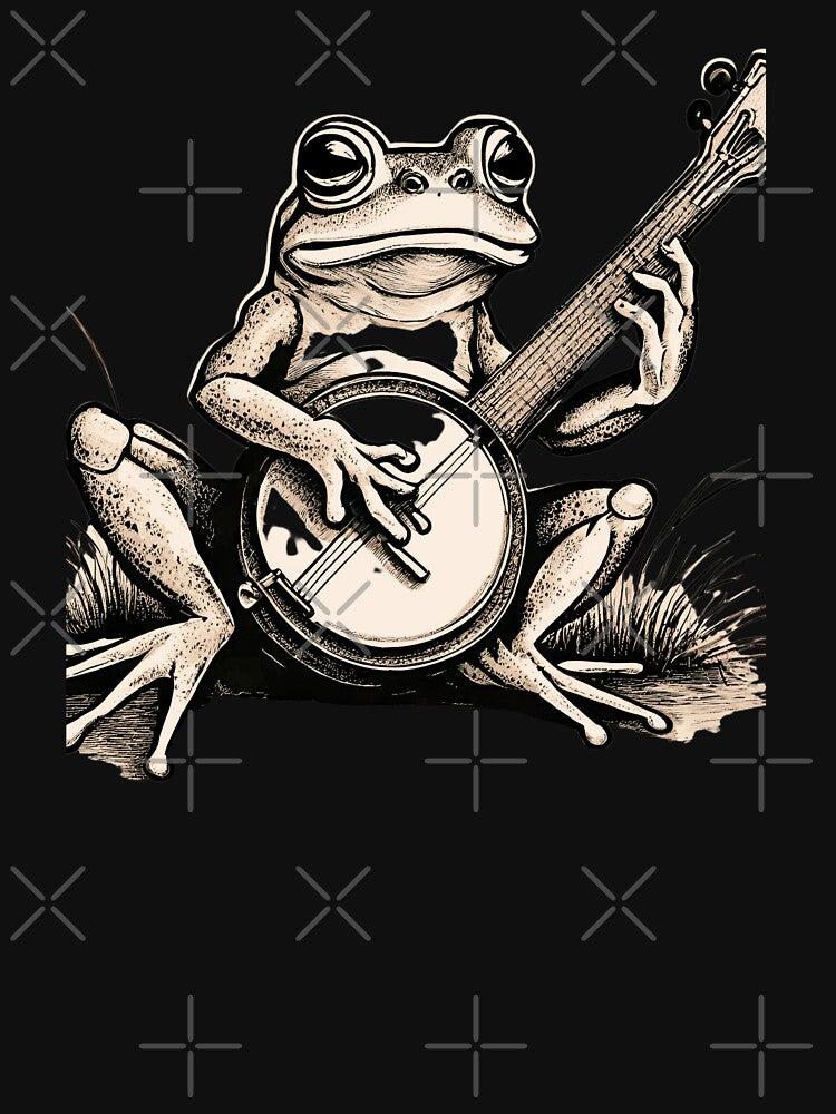 Funny Aesthetic Art Frog Playing Banjo Sitting on Grass Funny Singing Frog by NadeenInspires
