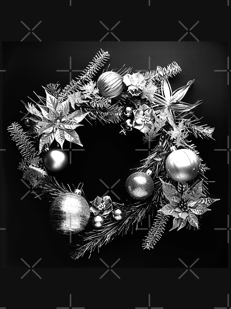 Elegant Christmas Wreath with Ornaments – Black and White Holiday Floral Design by inkoutninja