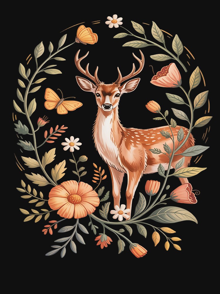 Cute Cottagecore Deer & Flowers Whimsical Art Florals by JulienAureo