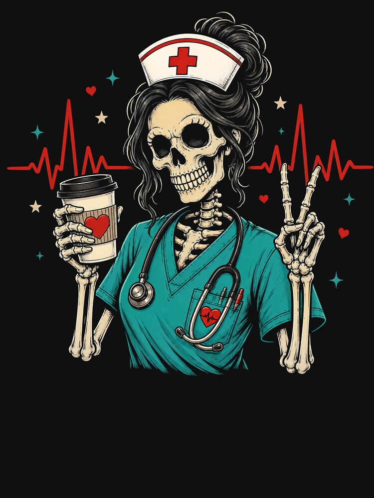 Funny Skeleton Nurse Halloween Shirt Coffee Lover EKG Heartbeat by Artbyrome