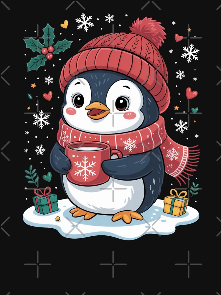 Cozy Penguin with Hat, Scarf, and Hot Cocoa for Christmas by Gogetgiggles