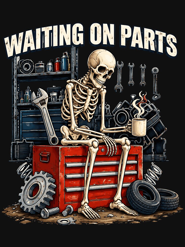Waiting On Parts Mechanic Skeleton Auto Repair Illustration by netimdomains
