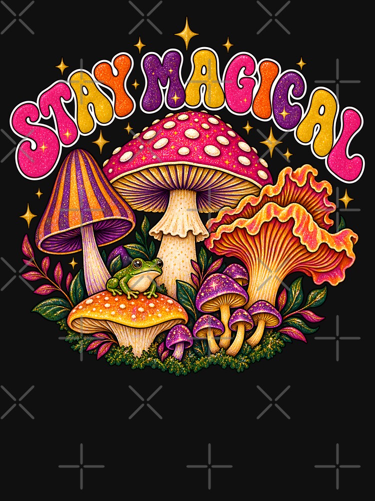 Stay Magical Retro Magic Mushroom Graphic Tee | Whimsical Frog Fungi by AmiGraph