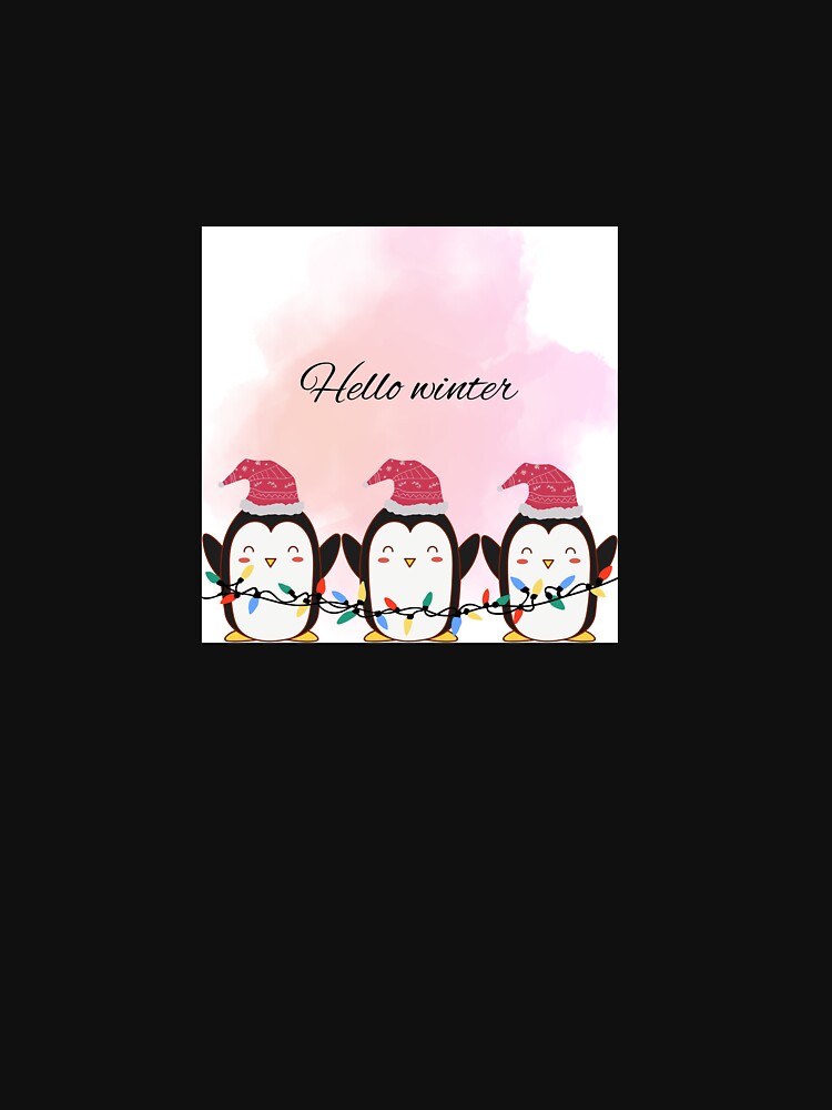 Cute Winter Penguins With Christmas Lights – Hello Winter Holiday Illustration by MiniBabyArt